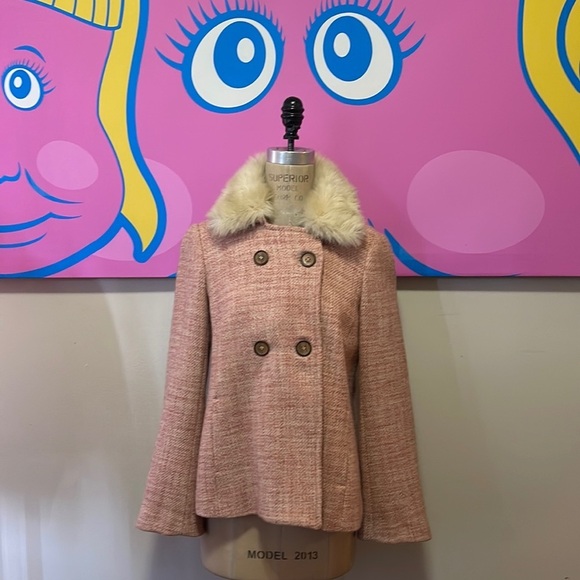 French Connection Peach Wool Tweed Coat w/Faux Fur Collar - Picture 1 of 15